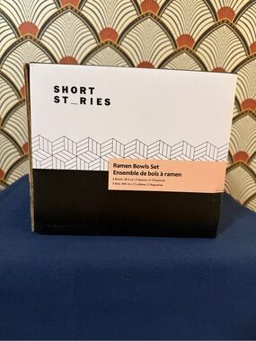 NIB Short Stories White Ramen Bowl Set for 2 Bowls Spoons & Chopsticks